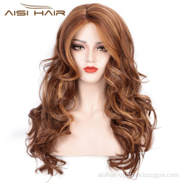 Aisi Hair Dark Brown Mixed White Color Synthetic Long Curly Wave Wigs Heat Resistant Fiber Fashion Cosplay Wigs for Women